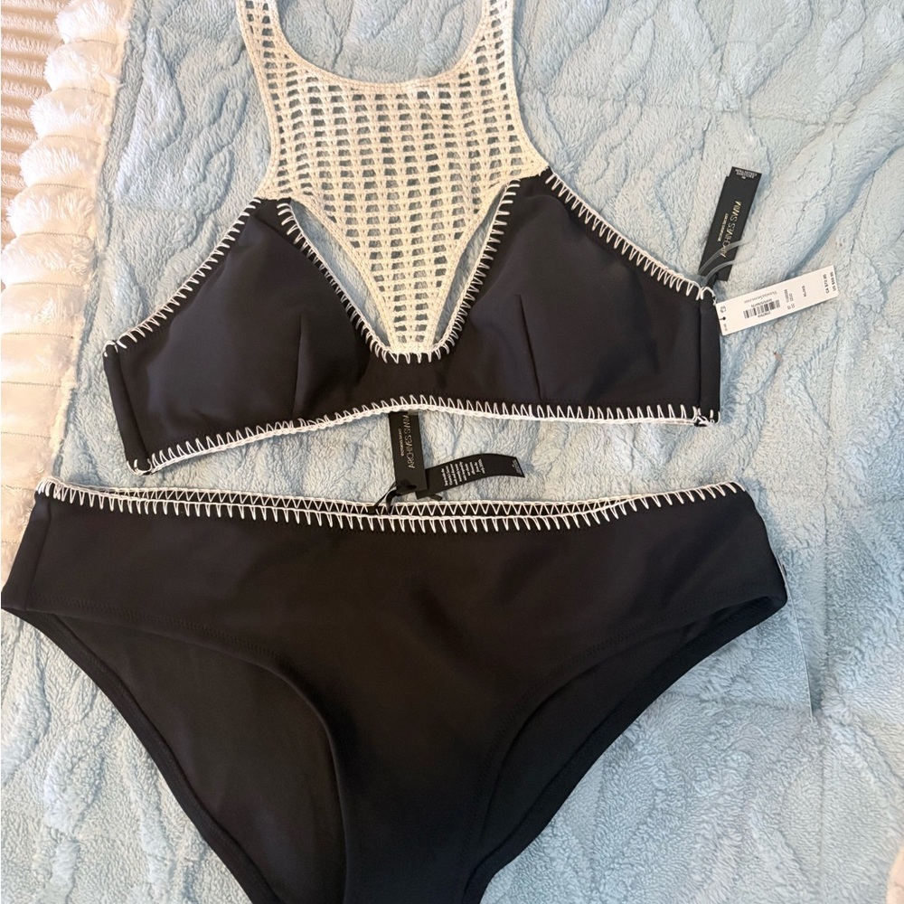 Victoria's Secret Black Bikini with Cream Crochet High-Neck
